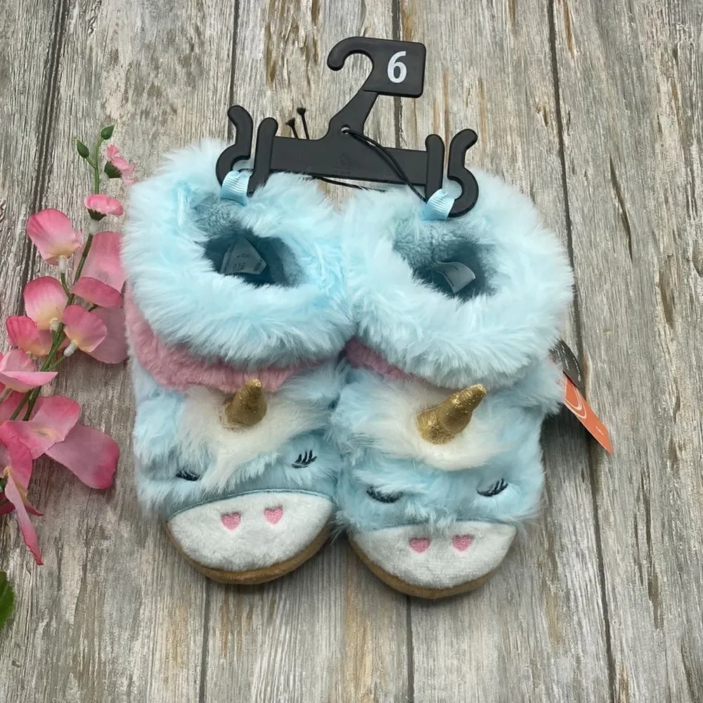 Baby Toddler Fuzzy Soft Comfy Unicorn Slippers Shoes Size 6